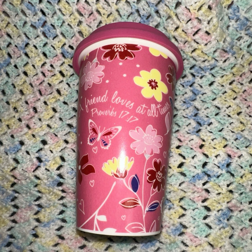 Pink Floral Ceramic Travel Mug Proverbs 17:17 by Cypress